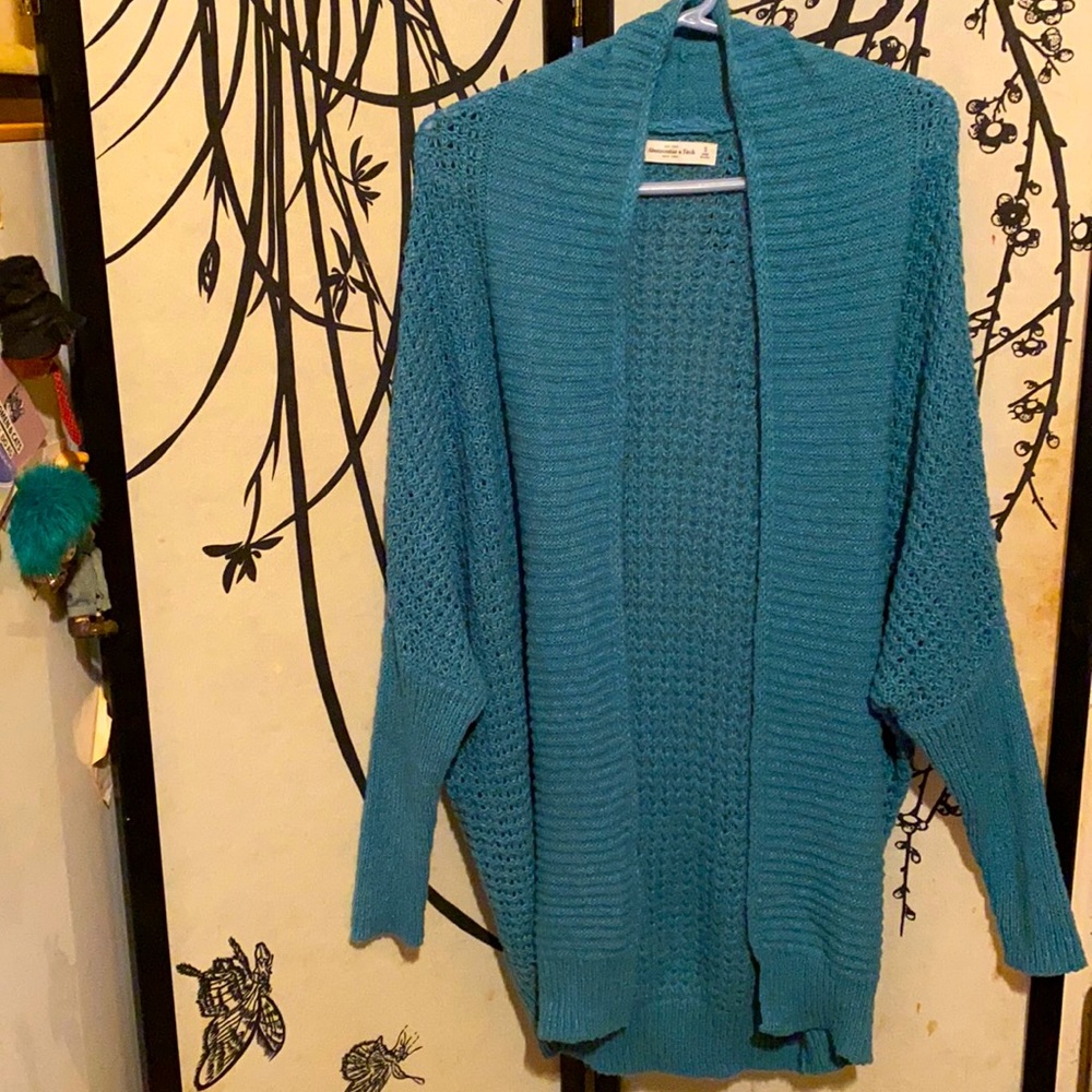Abercrombie & Fitch Women Crochet Cardigan Batwing Sleeve Open Front BlueTurquis